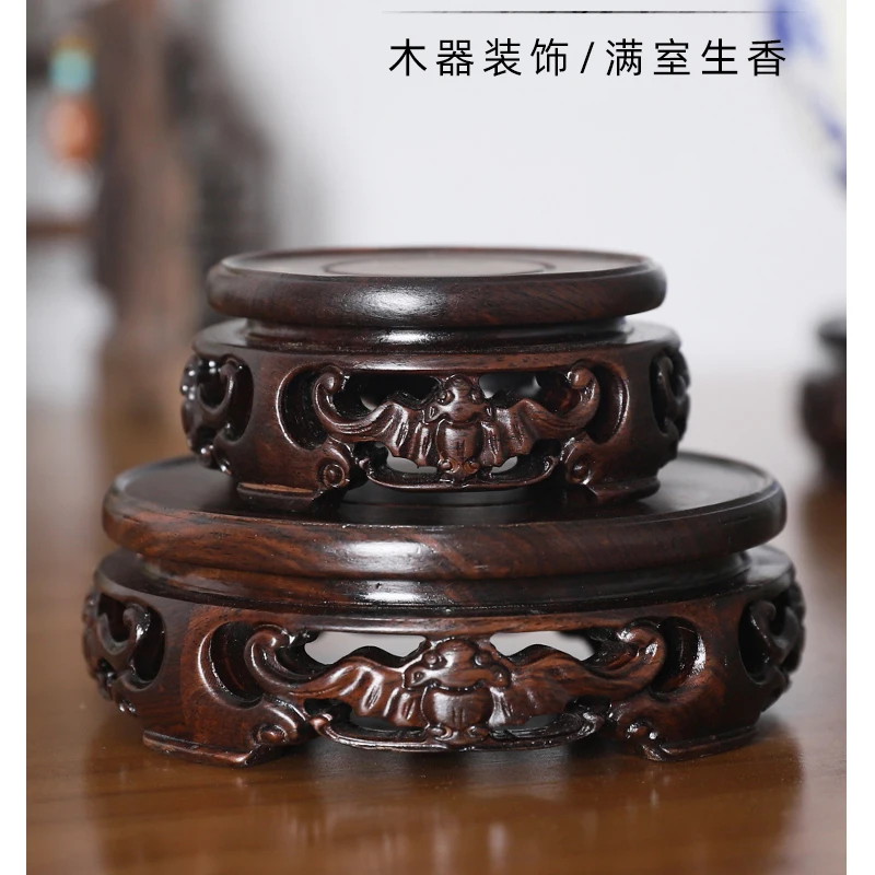 

8.2-14.8cm Diameter Ebony Carved Bat Pattern Base Craftwork Solid Wood Base Flower Vases Stone Jade Teapot Aquarium Base