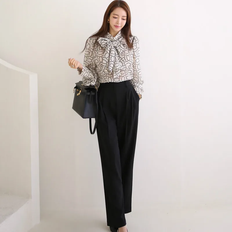 

2020 Autumn Stand Neck Bowknot Chiffon Print Blouse Shirt High Waisted Black Long Pant Casual 2 Piece Office Sets