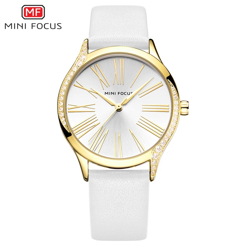 WHITE GOLD MINIFOCUS, классические, элегантные, синие, кожаные, женские часы, Iced Out, кварцевые, женские часы, водонепроницаемые, простой дизайн, модные, женские часы - Цвет: WHITE GOLD