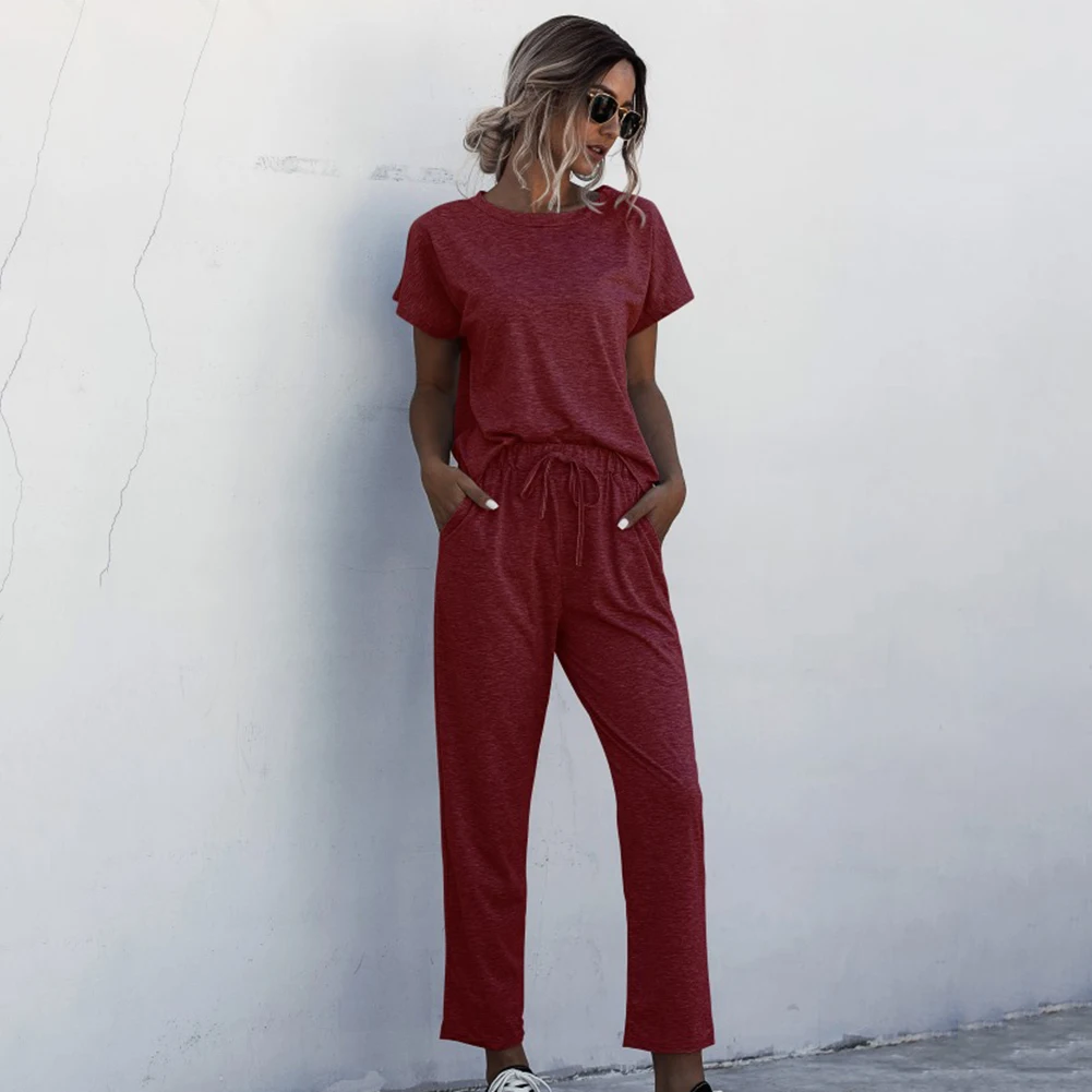 

6 Color Women Summer Tracksuits 2 Piece Set Solid Color Lounge Wear Short Sleeve O-Neck Tops Long Pants Sweatsuits