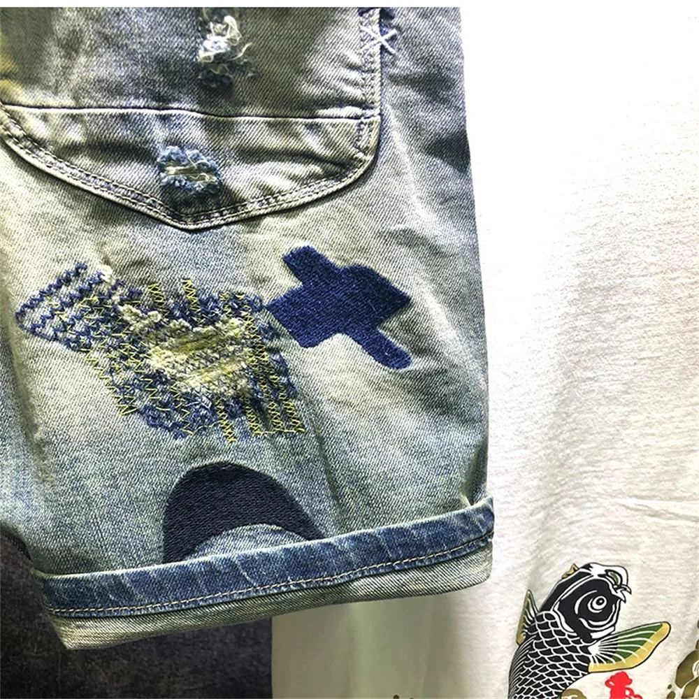 EH · MD®Синие джинсовые шорты с вышивкой мужские хлопковые облегающие брюки белые