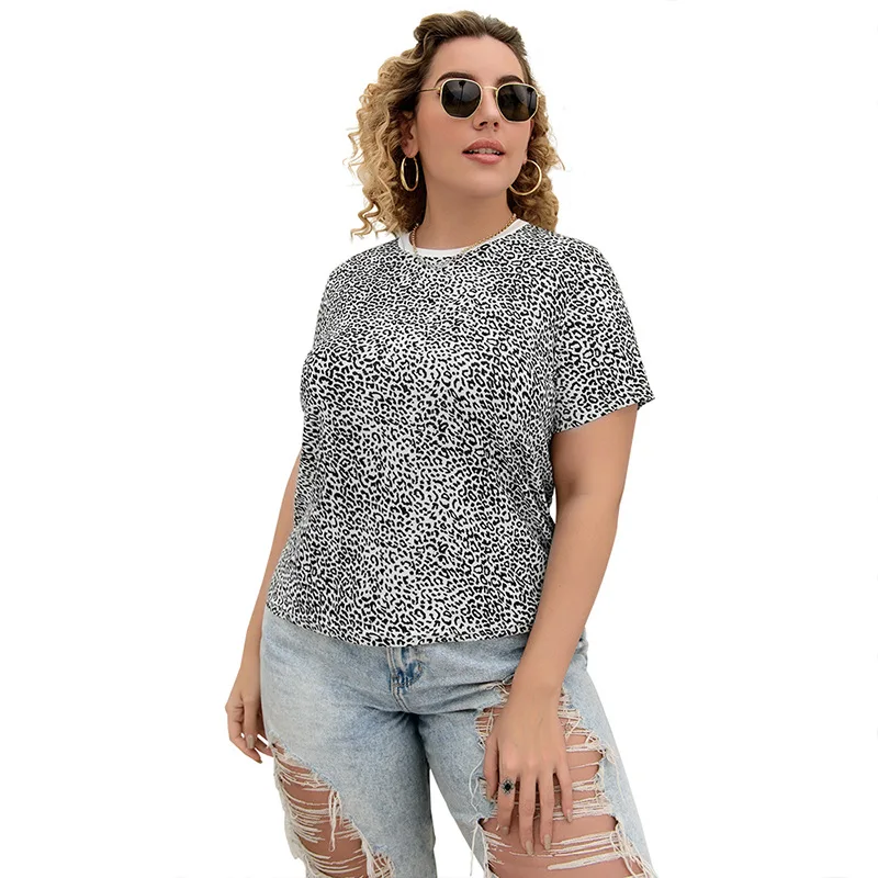 

Leopard Short Sleeve T-Shirts Summer Plus Size Women Clothing Round Neck Tshirt Large Size Loose Casual Tee Shirt Pullover Tops