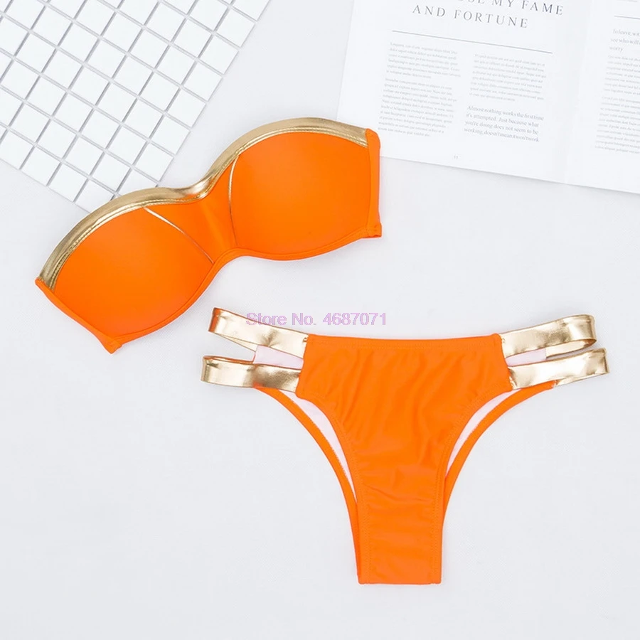 by dhl 100pcs new Gold Stamping Bikini Set Sexy Padded Women Swimsuit Push Up Bandeau Swimwear Beachwear Brazil Bathing Suit |
