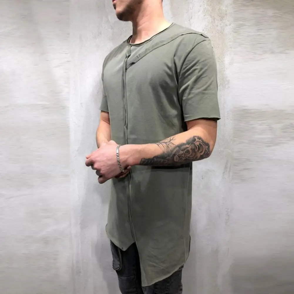 

MISSKY Men tshirt Solid Color Irregular T Shirt Casual Round Collar Summer Short Sleeve Sports Tops For Male New