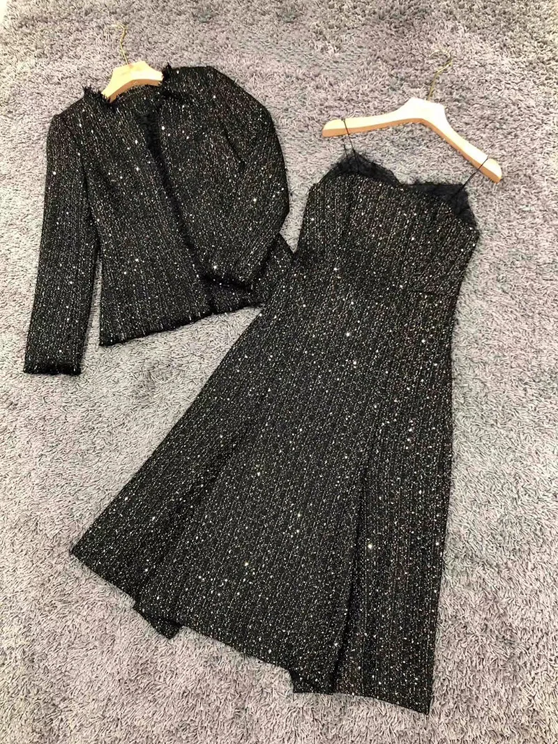 

Luxury Runway Designer Autumn Winter Tweed Wool Dress Suits For Women Coat Jacket Ladies Two Piece Set Womens Vintage Clothes