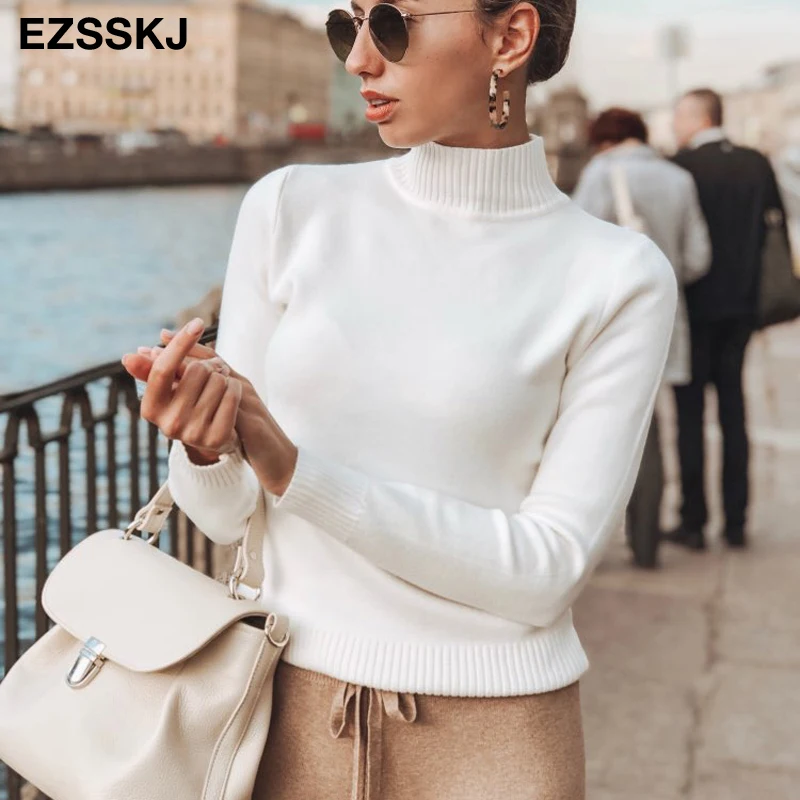 Korean Style Loose Sweater Women Pullover Casual Half Turtleneck Long Sleeve Knit Female Jumpers solid basic sweater | Женская одежда