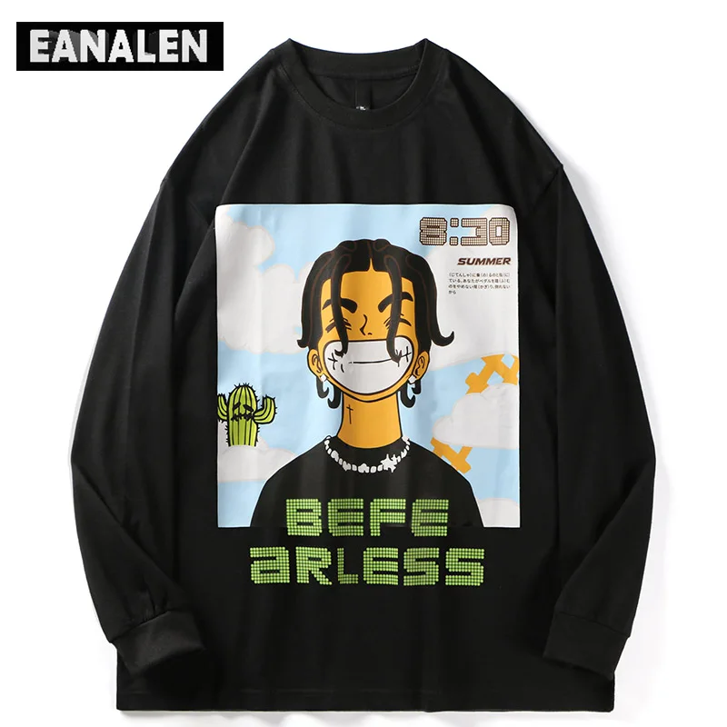 

Harajuku Vintage portrait graphic T-shirt men's oversized fashion streetwear rock punk rapper long-sleeved T-shirt women Grunge