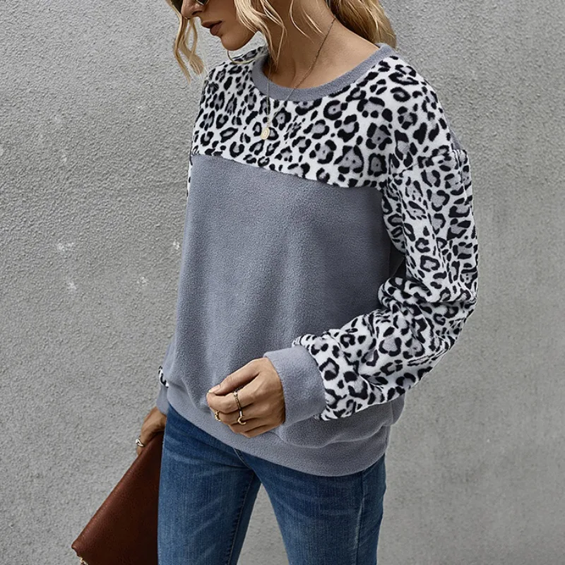 

Hot Ladies Autumn Fashion Casual Tops Round Neck Leopard Print Color Soft and Comfortable Tops