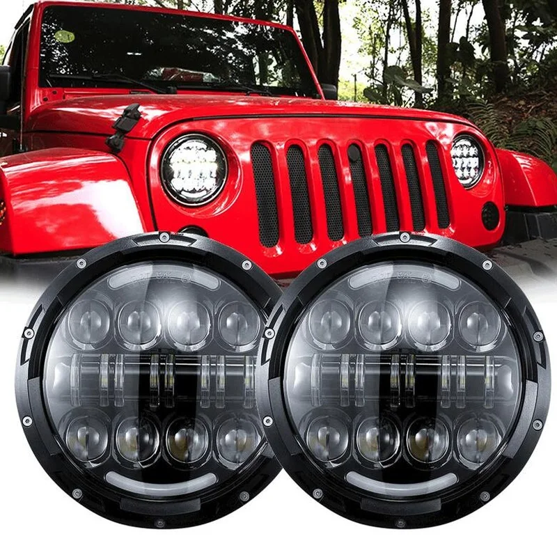 

Pair 7 Inch Round LED Headlights High Low Beam White Halo Ring Angel Eyes DRL Amber Turn Signal for Lada Niva Jeep Hummer