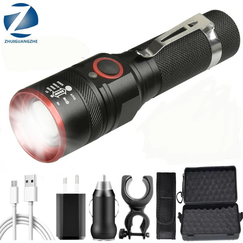 XM-L T6 светодиодный фонарик 3000lm USB Перезаряжаемые 18650 Батарея фонарь Алюминий