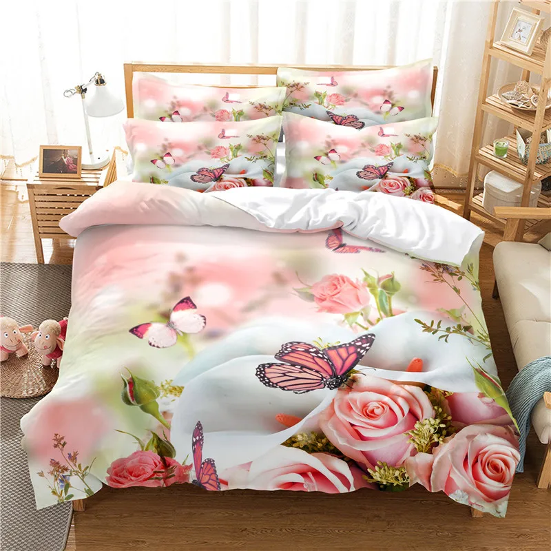 

Butterfly Flower Bedding Set Luxury Duvet Cover Set With Pillowcases Soft Comforter Bedding Sets Simple Bed Linen Drop Ship