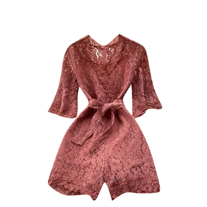 

Women Elegant Lace Rompers French V Neck Sashes Solid Jumpsuit 2021 Summer Fashion Streetwear Wide Leg Short Playsuits