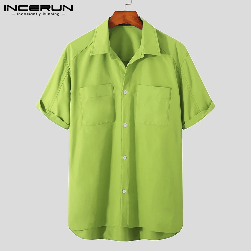 

Men Casual Shirt Solid Color Streetwear Turn Down Collar Pockets Short Sleeve Loose Tops Fashion Camisa Masculina INCERUN S-5XL