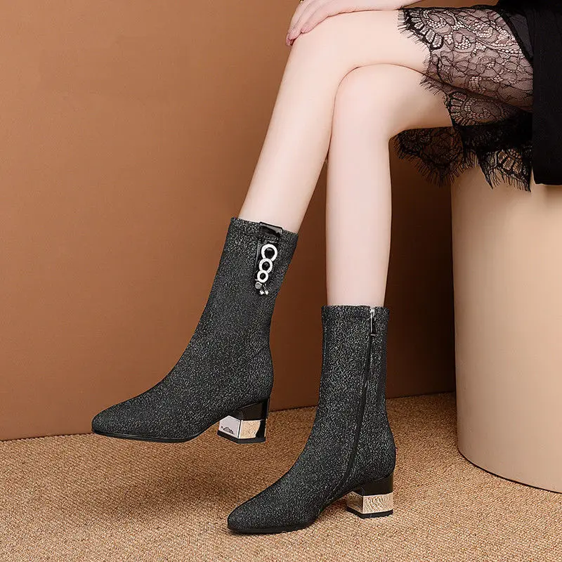 

Elastic Boots Woman MID Heels Sock Boots Women Booties Autumn/Winter Shoes Pointed toe Rhinestone 2021 Female Footware BLACK