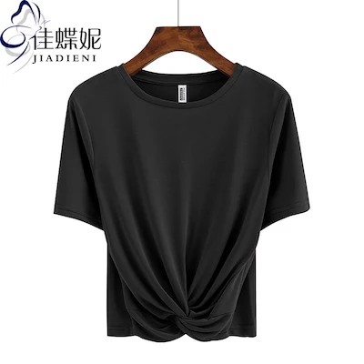 short - black Новое поступление весна-лето, модная короткая футболка в Корейском стиле с длинными рукавами и круглым воротником, популярная Повседневная футболка - Цвет: short - black