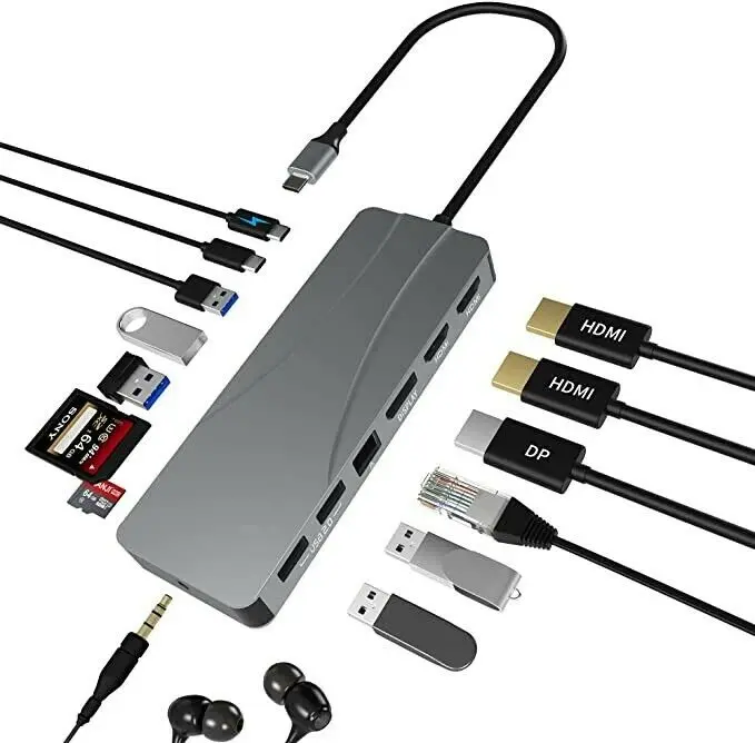 

Концентратор USB C, док-станция адаптера типа C 14 в 1 с 2 HDMI и DP, 60 Вт...