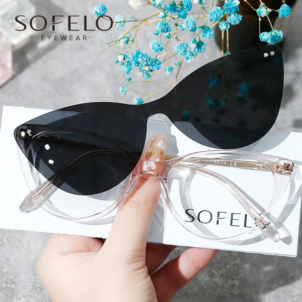 

2 in 1 Polarized Magnet Clip On Eyeglasses Frame Women Fashion Acetate Cat Eye Optical Glasses Frame Female Myopia Prescription