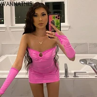wannathis fashion faux leather gloves summer pink circle tube mini dresses for women off shoulder backless party sexy vestidos