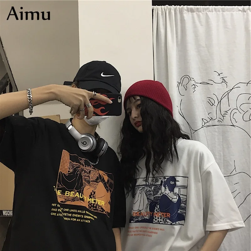 Harajuku Ulzzang, большие размеры, футболка, японский мультфильм, аниме, принт, футболки, лето, женская футболка с коротким рукавом, повседневные кавайные Топы