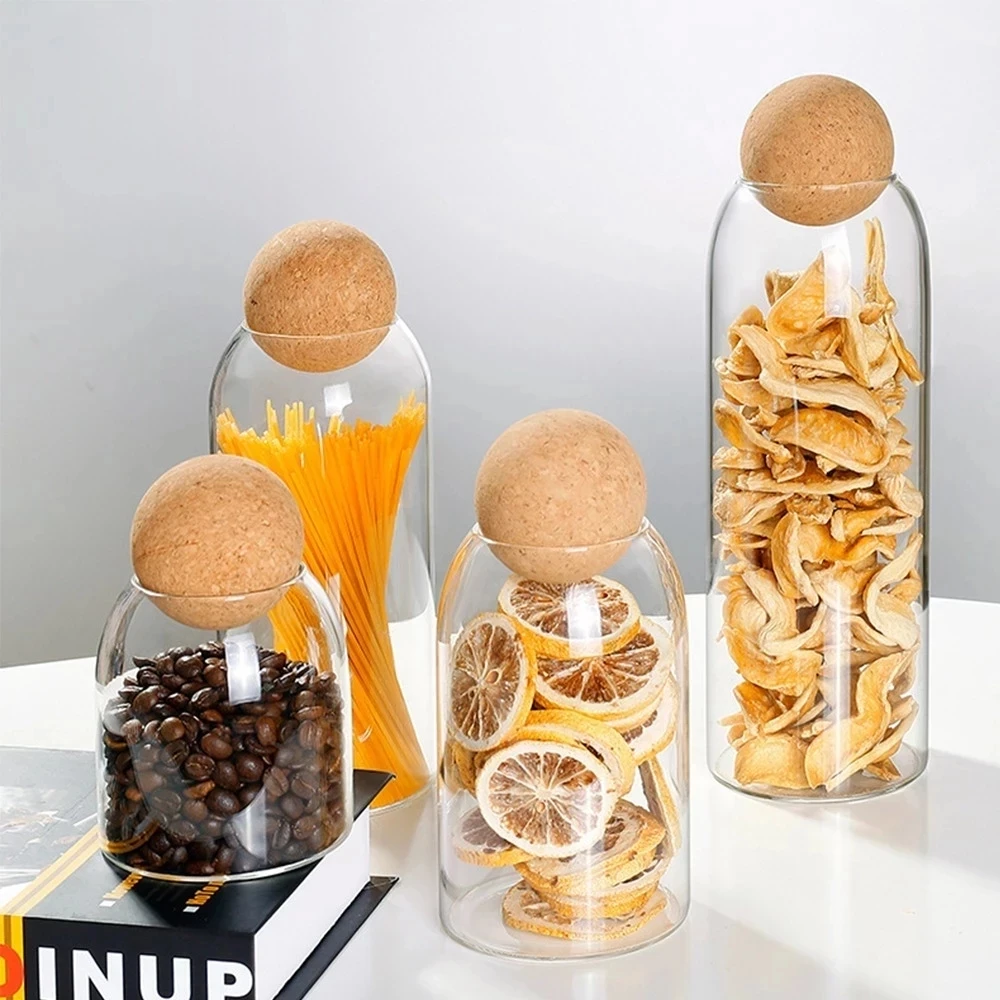 

Transparent Lead-free Glass Cork Lid Storage Jar Bottle With Ball Tank Sealed Tea Cans Dried Fruit Cereal Snacks Coffee Contains