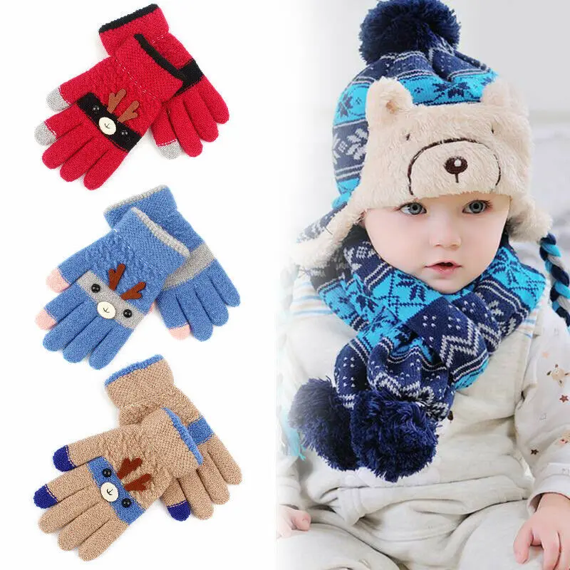 Детские вязаные рождественские варежки с длинными пальцами и оленями перчатки