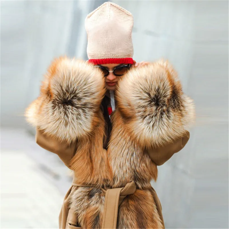Winter Fashion Cashere Coat With Long Fox Fur Collar High Street Woman Genuine Fox Fur Wool Blends Coats With Belts Overcoats