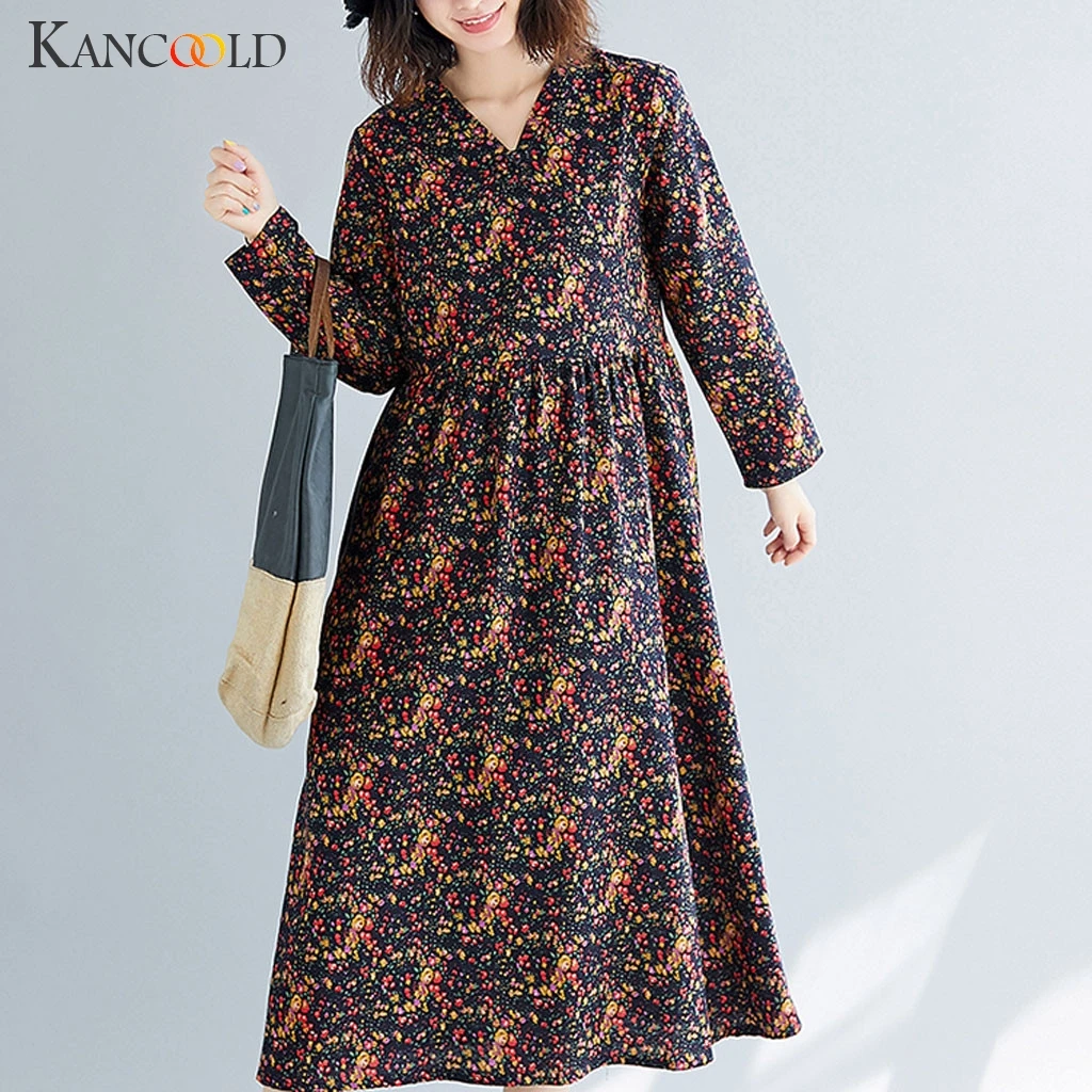 KANCOOLD dress Women Long-Sleeved Literary High-Waist Printed Plus Size Loose Dress V-Neck Fashion new women 2019DEC18 | Женская одежда