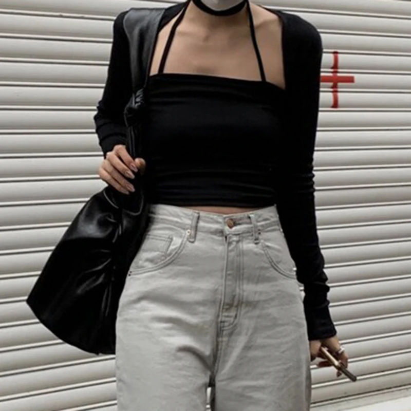 

Streetwear 2 Piece Black Cotton Halter Crop Top Tshirt Women Korean Autumn Long Sleeve Basic T Shirt Ladies Fashion Y2K Solid