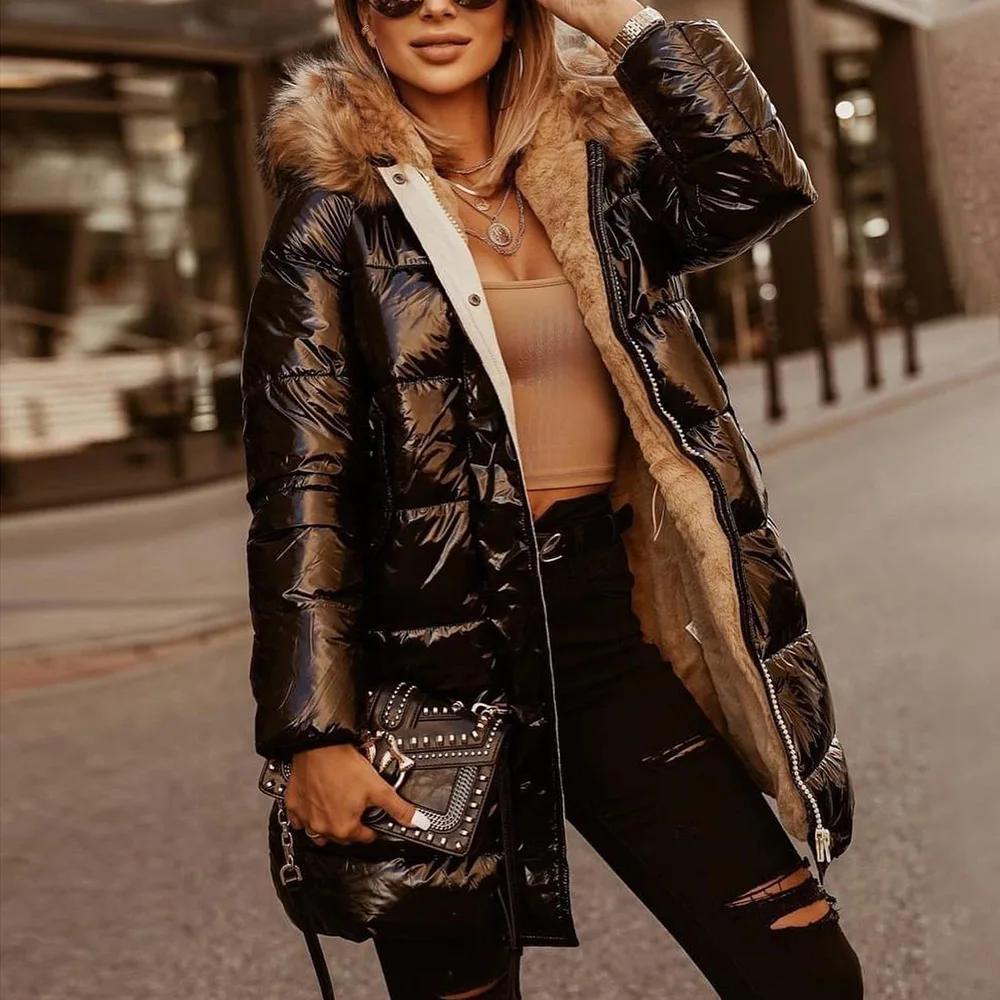 

2021 Winter Parkas Thick Fleece Hooded Jacket Warm Women Faux Fur Collar Cotton Jackets Black Coats Pocket Zipper Casual Outwear