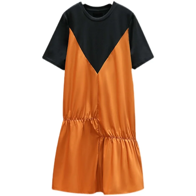 

4XL Plus Size Dress For Women New 2021 Summer Large Black Patchwork O-Neck Short Sleeves Casual Loose Draped Dresses Oversize