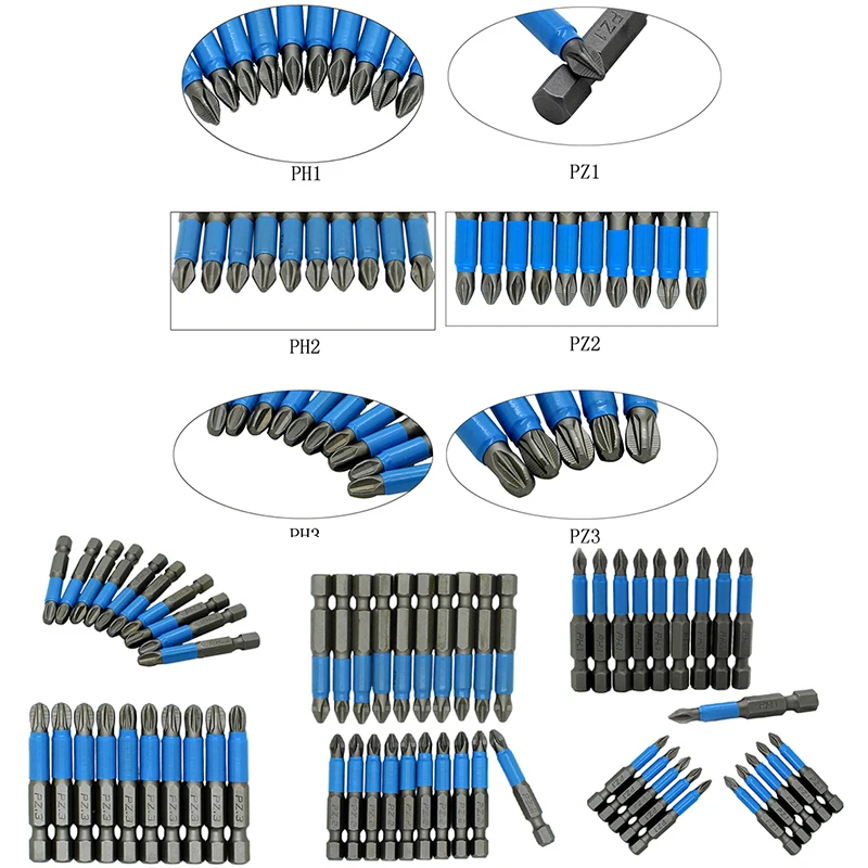 

Magnetic Screwdriver Bits Single Head PH1/PH2/PH3/PZ1/PZ2/PZ3 Alloy Steel 10pcs
