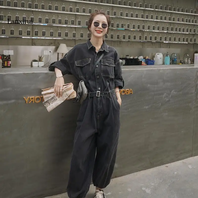 

New Autumn Long Sleeve Lapel Women Casual Jumpsuits High Waist denim Rompers Overalls Solid Office Lady