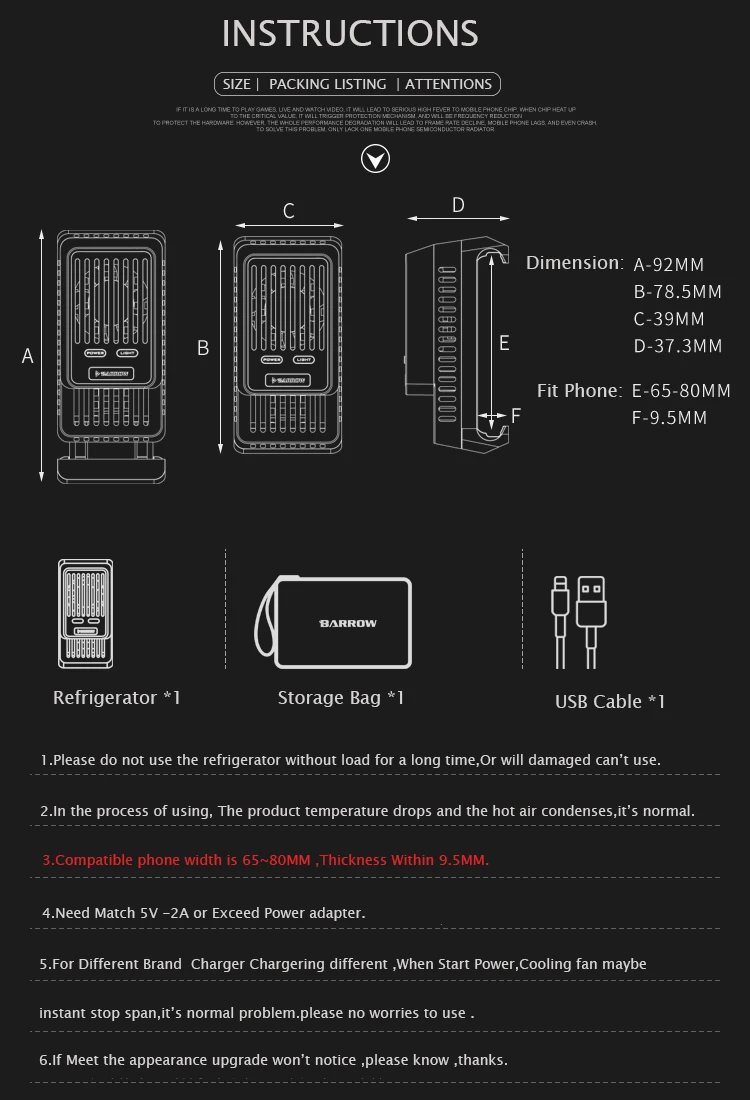 

Barrow cell phone semiconductor cooler,mobile radiator cooling fan with backlit portable refrigerator,game phone cooling PHCD-PA