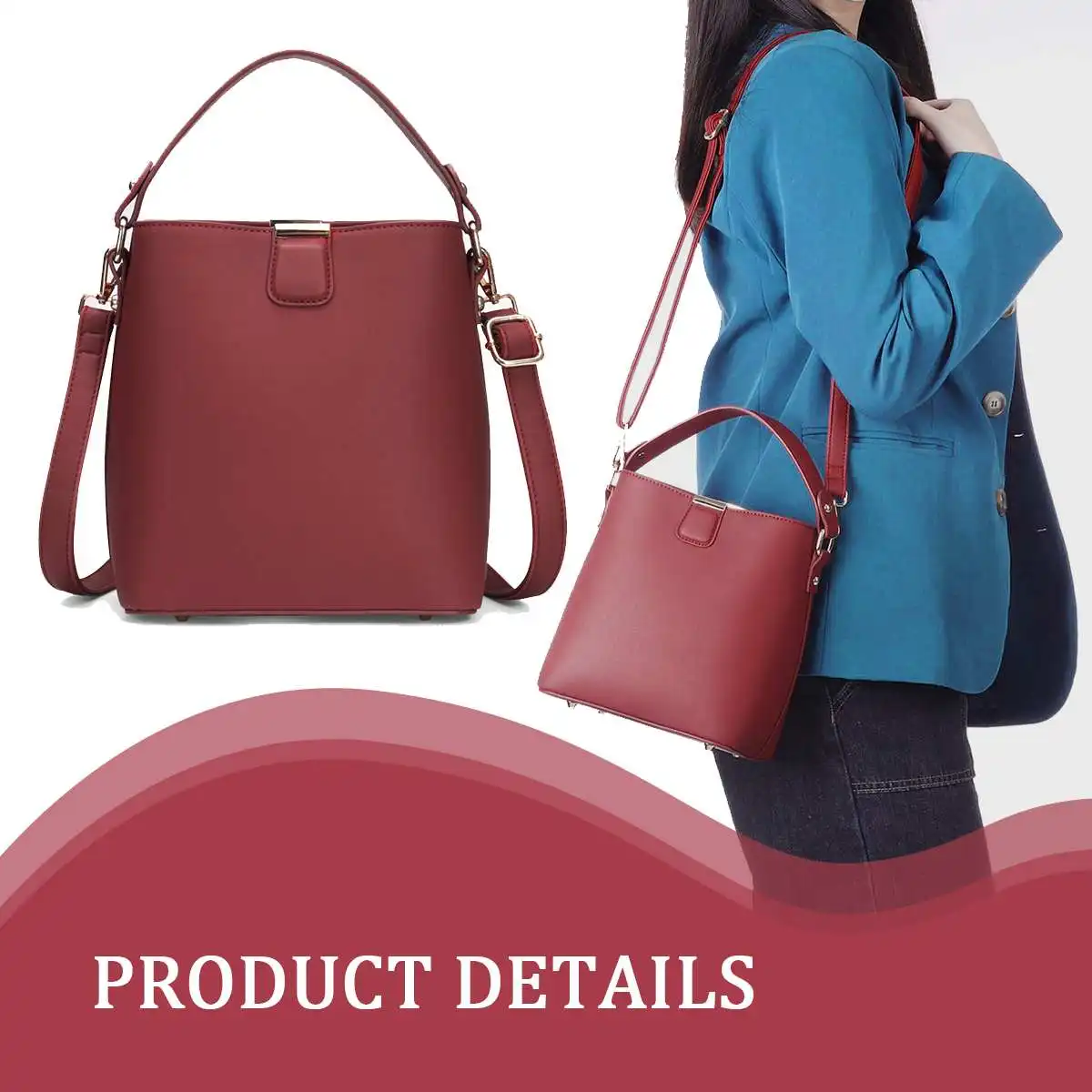 

Aequeen Women's Handbag PU Leather Solid Color Shoulder Crossbody Bag Multi Pocket Bucket Bags Travel Cosmetic Storage Wallets