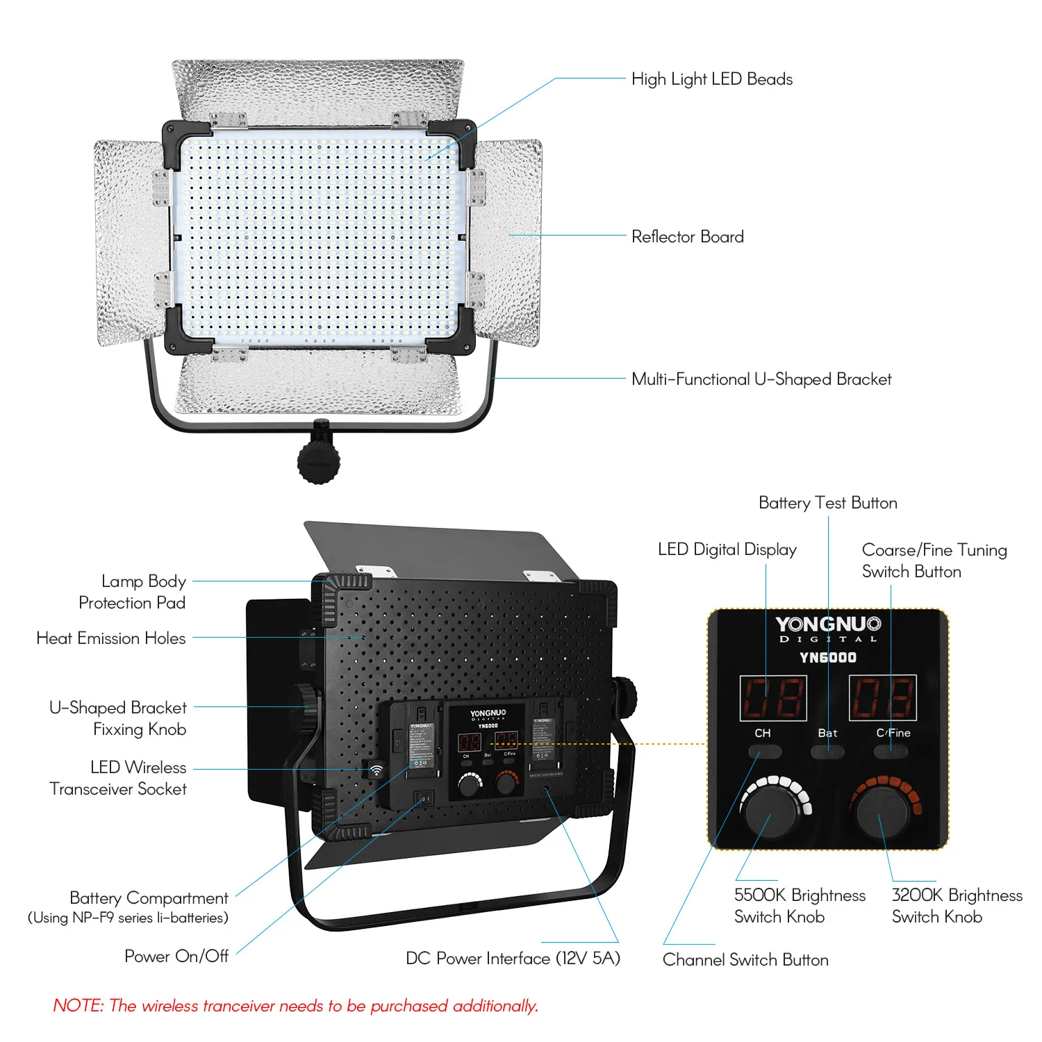 YONGNUO YN6000 Professional 600 LED Video Light 3200K-5500K Photography Wireless Transceiver Remote Control for Studio Interview |
