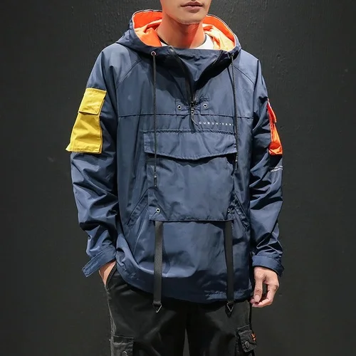 navy blue Весенняя мужская куртка в стиле хип-хоп с капюшоном в стиле пэчворк, пальто, мужские толстовки, пальто, Мужская черная уличная куртка с капюшоном, куртка-бомбер, M-5XL - Color: navy blue