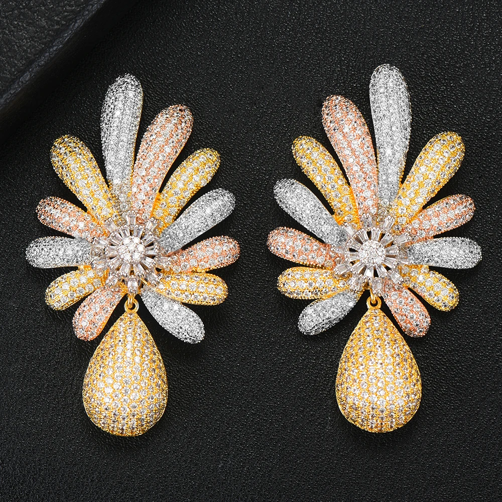 

LARRAURI Luxury 3 Tone Engagement Wedding Flower Earrings for Women Bridal Cubic Zircon Dubai Accessories Jewelry 2020