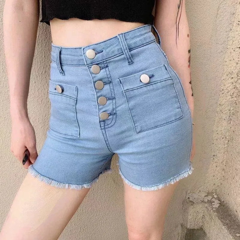 

High Waist Five Button Denim Shorts Fashion Vintage Aesthetic Wear Popular Style Hip Lifting Straight Leg Frayed Hem Hot Pants