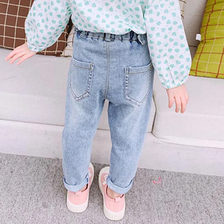 Детские рваные джинсы однотонные с рисунком для девочек повседневные стильные