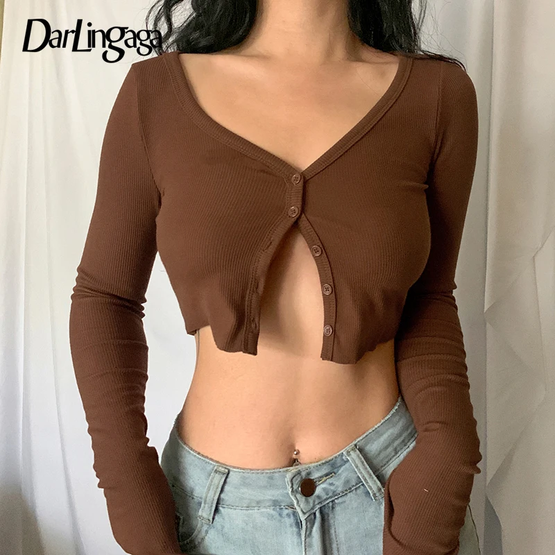 

Darlingaga V Neck Buttons Up Knitted Cardigan Long Sleeve T-shirts for Women Harajuku Solid Basic Crop Top Tee Korean Shirt New