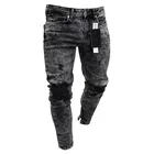 Рваные джинсы до колена, мужские брюки на молнии, мужские Узкие повседневные джинсовые черные байкерские, длинные брюки-карандаши, размер S-3L