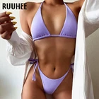 Купальник RUUHEE Женский, пикантный бикини с заниженной талией, стринги с чашками пуш-ап, однотонный купальный костюм с принтом, бразильский, 2021