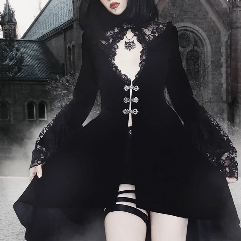 Stylish Black Frock Lace Stitching Dress Gothic Lolita Dress Hollow Pleated Dress Dark Streetwear Irregular Frock