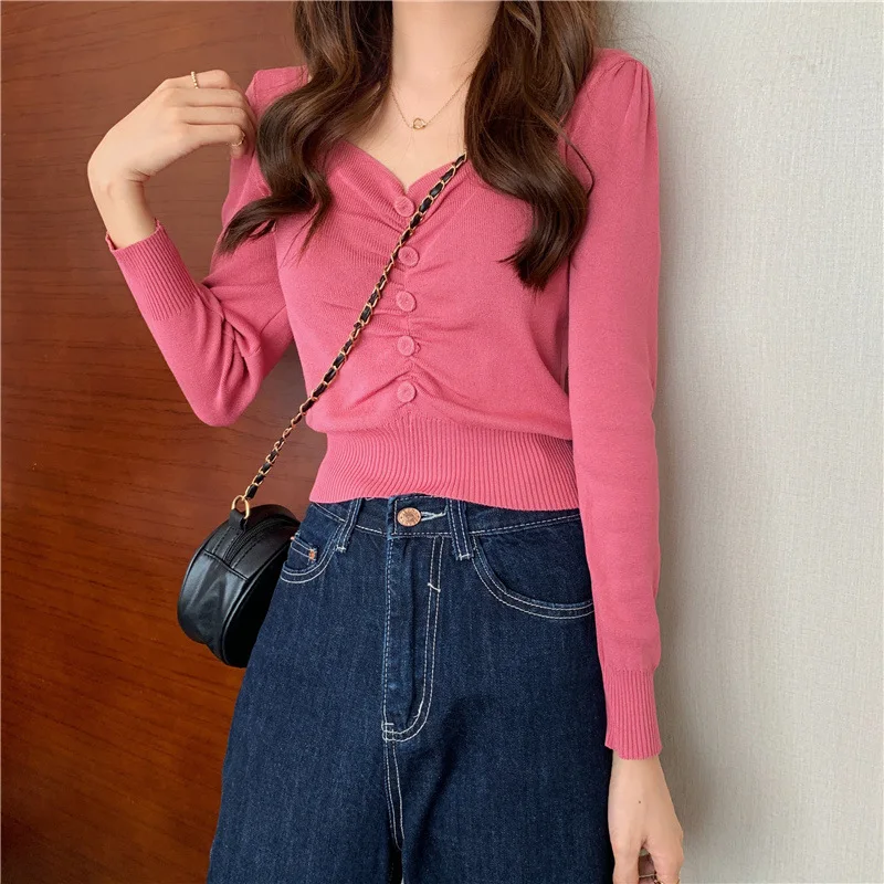 

Autumn New Style 2020 Retro Sweet Thin V-neck Long Sleeve Short Knitted Sweater Top Women