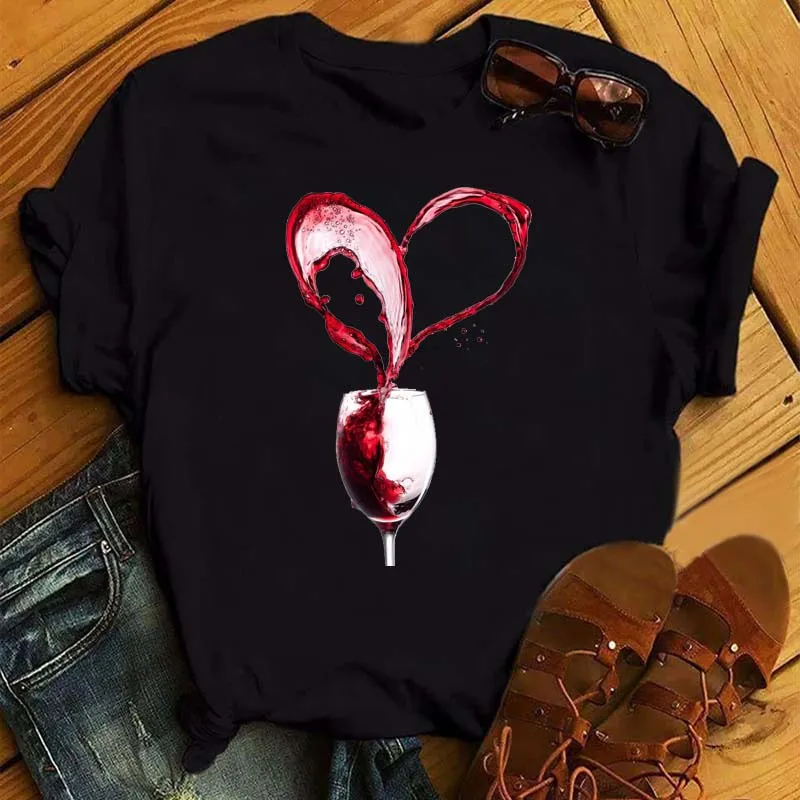 

Женская футболка, Повседневная футболка с коротким рукавом, женская модная черная футболка с принтом красного вина и очков, женские топы, фу...