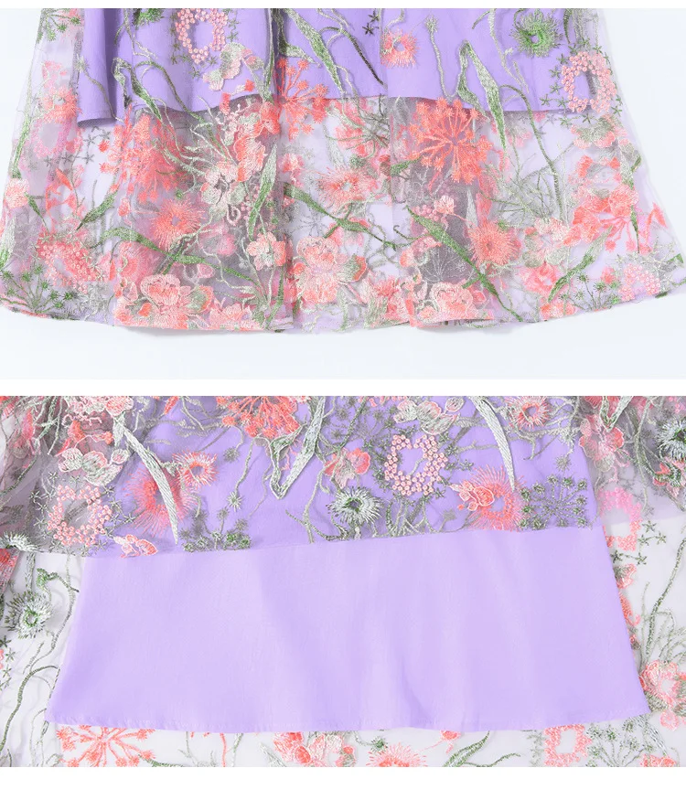 

2021 summer new Korean large slim long sleeve mesh embroidered skirt medium length lace swing dress