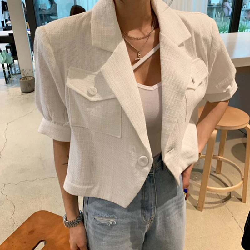 

FTLZZ New Summer Office Lady Tailored Collar Puff Sleeve Short Blazers Women Casual One Button Solid Color Pocket Tops Coats