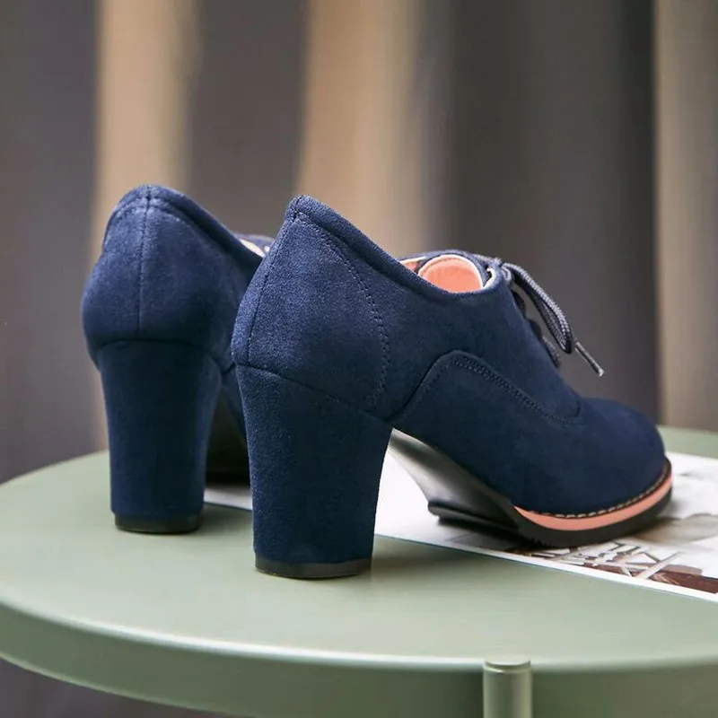 Womens Ankle Boots Flock High Heels Lace Up Chunky Heels Shoes Casuales Comfortable Shoes Woman Boots Fashion Shoes for Ladies