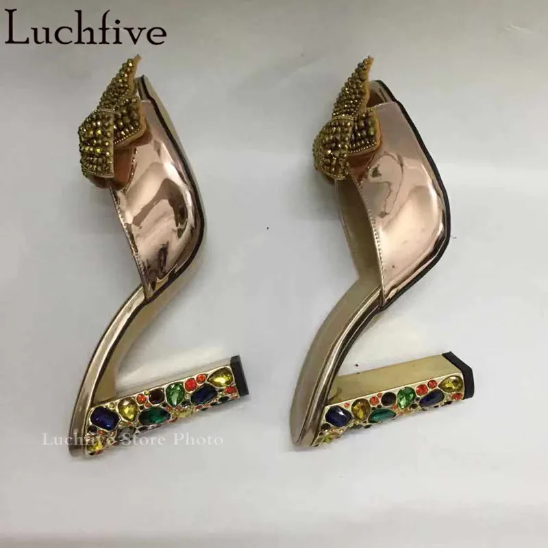 Женские шлепанцы со стразами и бантом женские на каблуке пикантная женская обувь