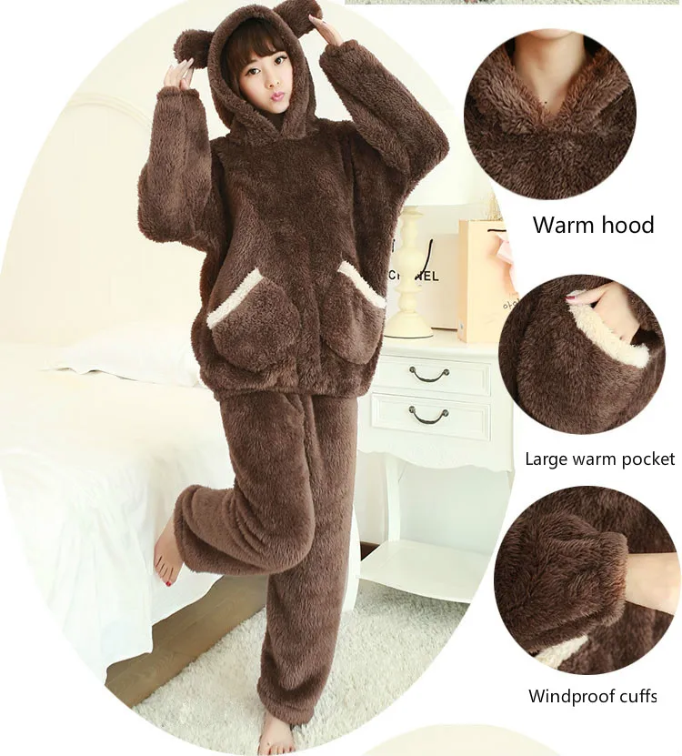 

Coral Fleece Pajama Set Women Winter Thicken Warm Sleepwear Ladies Cute Lamb Bear Hooded Homewear Set Plus Size Pajamas